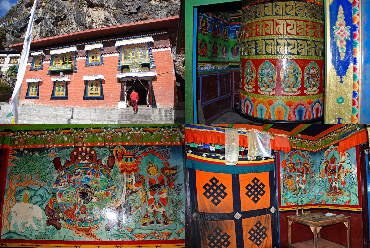 Thame 09 Thame Gompa - Outside Entrance, Prayer Wheel, Wheel Of Life Painting, Inside Entrance Door